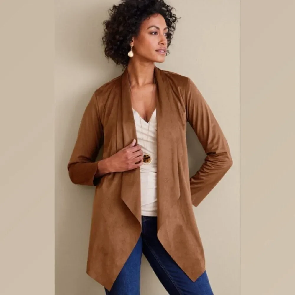 SOFT SURROUNDINGS Shape Drape Cardigan Jacket Open Front Faux Suede Brown Sz 3X